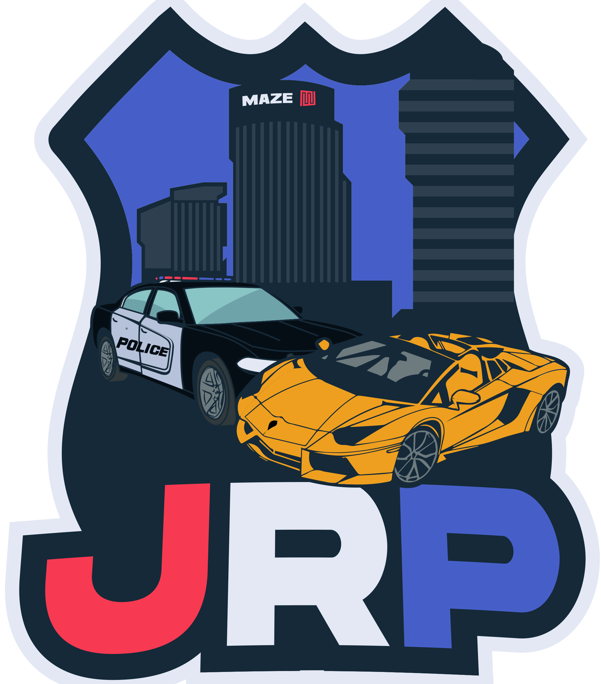 JusticeRP logo featuring a car, red white and blue lettering, and a blue city background.